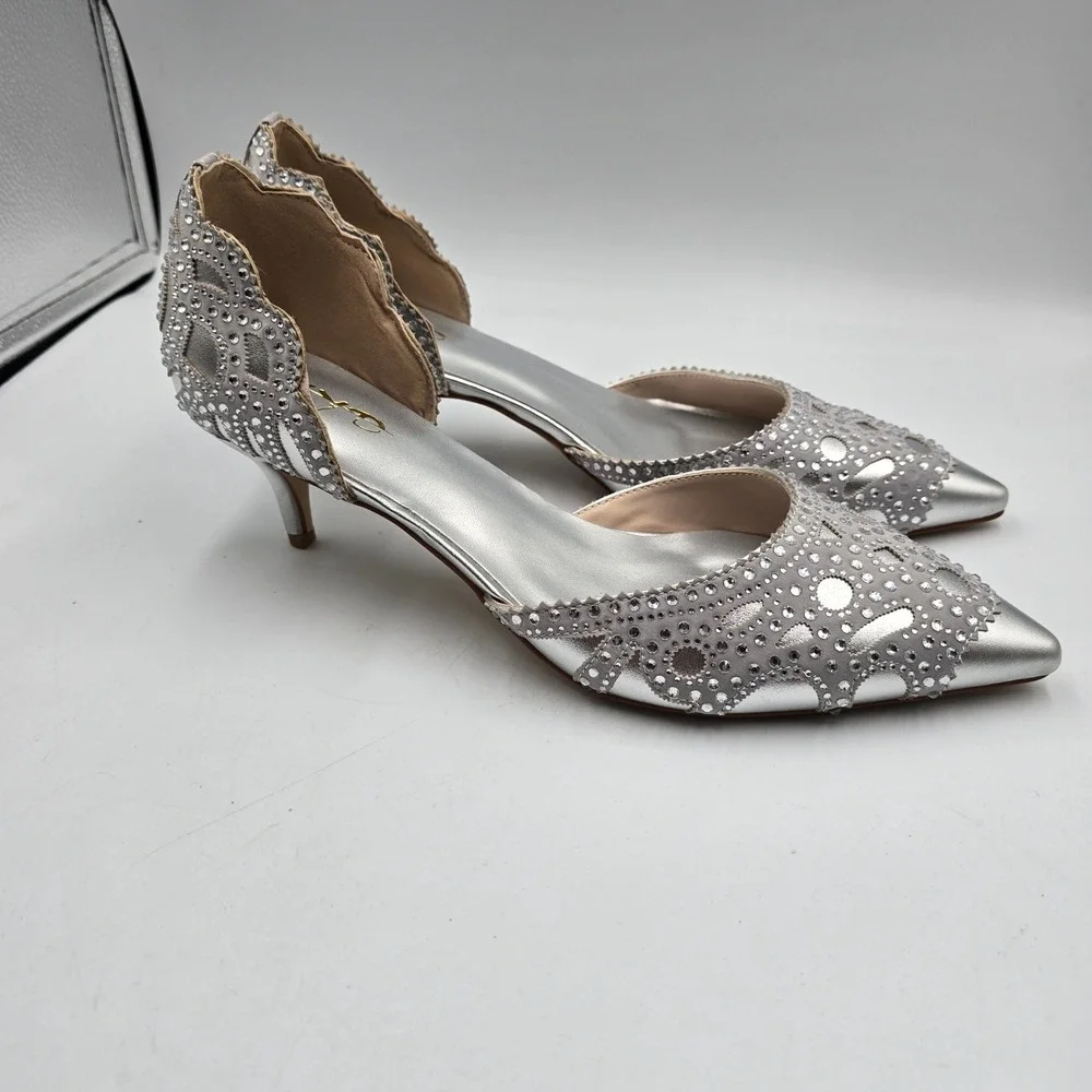 XYD Heels Women 14 D'Orsay Kitten Silver Rhinestone Laser Cut Scalloped Big Girl